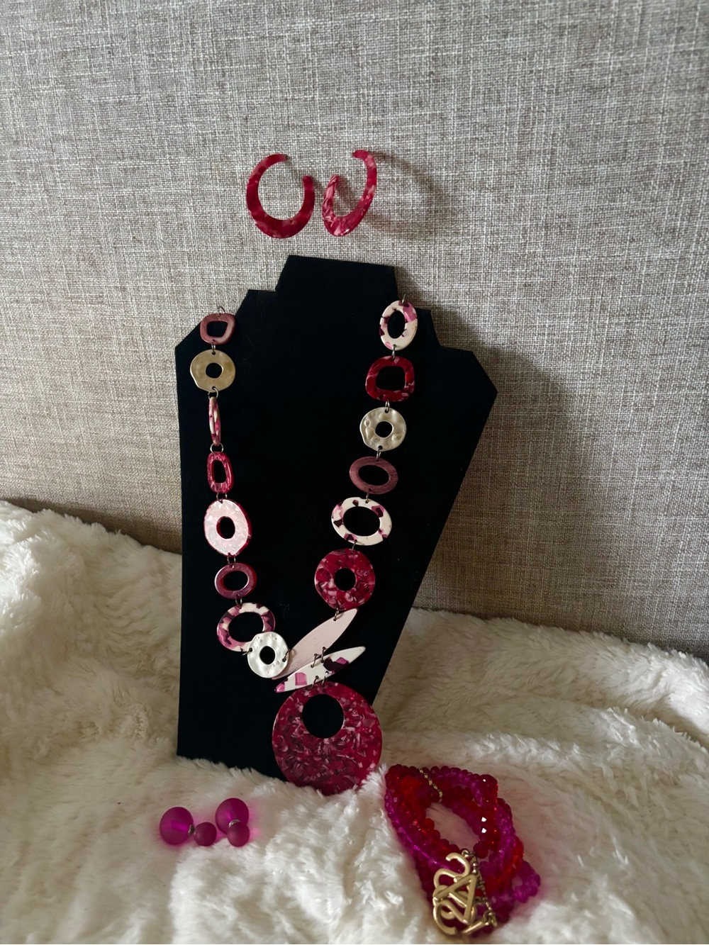 Sassy Jones Pink & White Necklace & Hoop Earrings w/ a pair of Dina studs